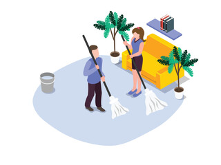 Couple mop the floor together at home