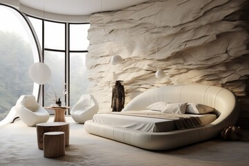 White Organic Rock Accent Wall Primary Bedroom Interior with Futuristic Curved Bed Frame and Wood Stump Stools