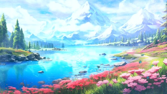 Amazing Video Footage Beautiful nature landscape with lake, river, mountain blue sky, tree, and flowers. Video animation anime cartoon scene background for film, template	