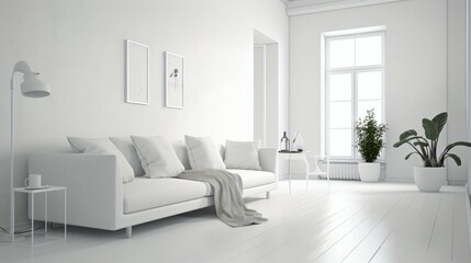 Fototapeta na wymiar Bright white Couch with Pillows Near a white Colore Wall