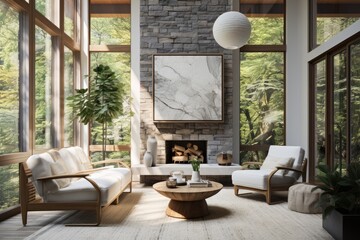 Comfortable Living Room Interior with White Modern Soft Love Seat and Paper Pendant Light with Stone Fireplace
