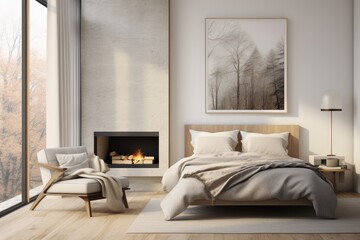 Concrete Bedroom Interior with Modern Fireplace and Wood  Bed Frame with Grey Bedding and Fall Nature Views