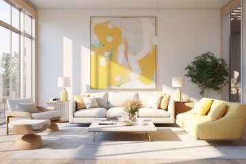 Joyful Staged Living Room Interior with Large Yellow Abstract Wall Art and Minimalist Coffee Table and Cute Table Lamps with Indoor Tree in Corner