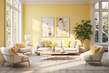 Yellow Interior Design Living Room Interior with Linen Sofa Furniture and Lounge Chairs with White Area Rug and Indoor Tree