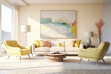 Chic Decorative Pastel Living Room Mockup Interior with White Large Window