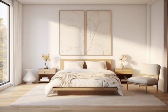 Minimalist White Modern Bedroom Interior with Beige Decor and Sustainable Nightstands and Clean Bedding