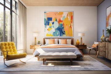 Colorful Modern Contemporary Design Bedroom Interior with Fun Colors and Tufted Yellow Lounge Chair and Decorated Dresser