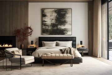 Earthy Eco-Friendly Modern Bedroom Interior with Stone Fireplace and Cozy Bedding. Fall Themed Styling and Black Bed Frame