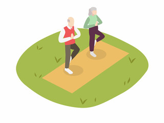 Senior couple doing yoga and meditation exercises at the park