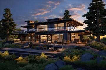 Ultra Modern Black Residential Exterior with Outdoor Entertaining Space in Nature with Outdoor Lighting and Seating Area in Fall