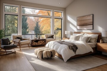 Autumn Modern Primary Bedroom Interior with Wall Art and White Bedding