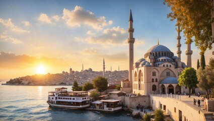 mosque in Sultana Hemet district old town of Istanbul, Turkey, Sunset in Istanbul, Turkey with Mosque, Beautiful sunny view of Istanbul with old mosque in Istanbul, Turkey - obrazy, fototapety, plakaty