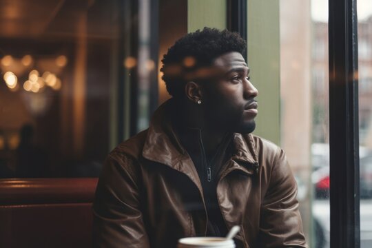 Black Male In Coffeehouse Thinking Background Generative AI