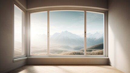 Bedroom Backgrounds Highlighting Grey Tones and Large Windows with Varied Natural Views.