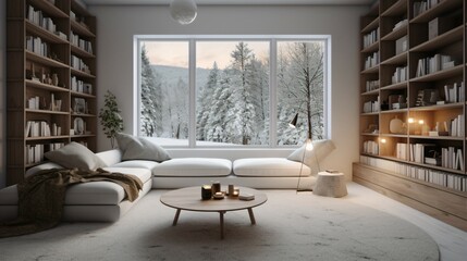 Cozy White Living Room in Sofa with Wooden Bookshelf of Snowy Window view.
