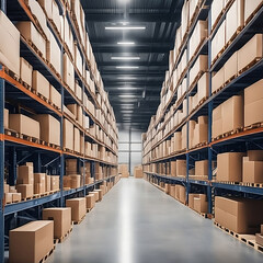 large warehouse with numerous items and boxes, rows of shelves with boxes, logistics inventory
