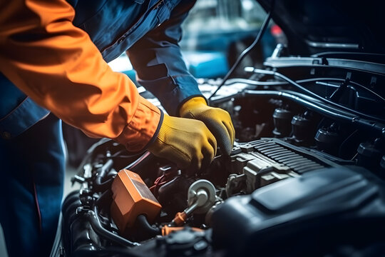 A Car Technician's Hands Expertly Repairing and Maintaining a Car's Electric Battery in an Auto Repair Service, Ensuring the Electrical System Inside the Vehicle Is in Top Shape