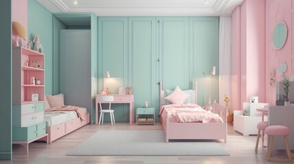 Girls' Bedroom With A Fashionable Space with Pastel Multicolored and Bright Accents Perfect for Young Tastes.
