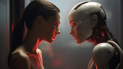 A female couple in profile looking at each other face to face in a romantic cinematic scene. A young girl observes her robotic avatar with artificial intelligence - obrazy, fototapety, plakaty