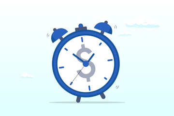 Ringing alarm clock with Dollar money sign on clock face, time for money, making profit from investment, promotion alert for bargain deal, bill payment or deadline to start building wealth (Vector) - obrazy, fototapety, plakaty