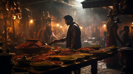 A photo featuring an oriental spice market with an exotic ambiance, and a man shopping in the background with a cinematic atmosphere.