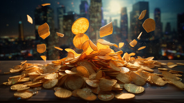 A pile of chips and snacks on a table, with a cityscape of buildings in the background. A scene from an advertisement for a brand or representing leisure time