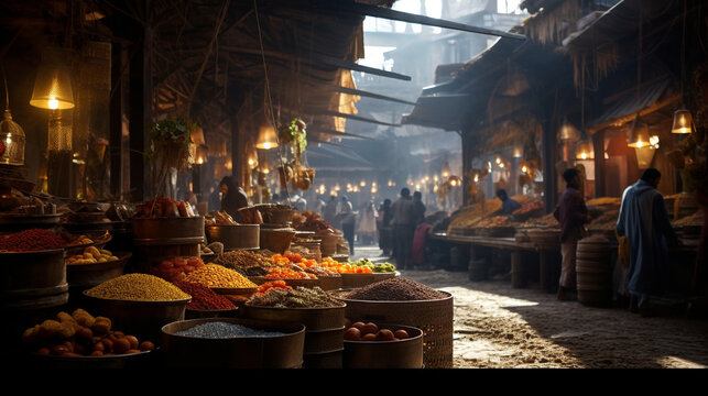 An ancient medieval oriental spice market, with candles, buyers, and vendor stalls on the Silk Road, featuring exotic products and scents