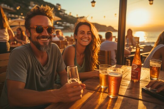 Gente y pareja alegre tomando cervezas