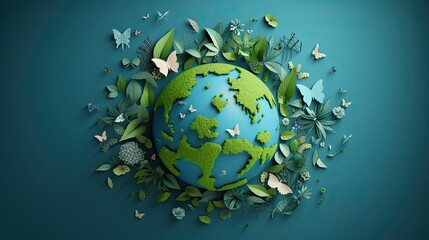 Background illustrations of paper cut signs and symbols to save planet earth, World environment day. AI generated background.