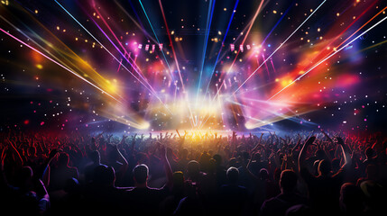 A crowd of people enjoys a big party with neon lights and live music. The atmosphere is festive and colorful, with confetti, beams of light illuminating the stage and the dance floor. Joy celebration.