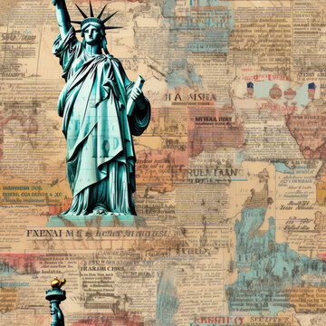 America travel collage newspaper artwork repeat pattern	
