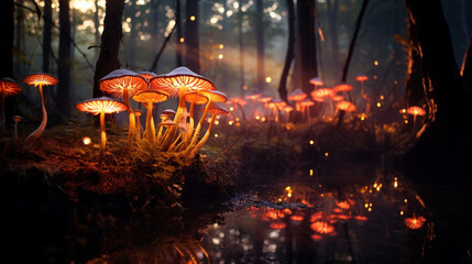 A landscape with magical mushrooms glowing and shining at dusk, with fireflies and particles around and a dark forest of bondo with trees. Fairy tale scenario for a fantasy story or a wallpaper.