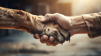 A human hand holding a dog paw touch gently, showing a bond of love and friendship between the human and the pet. The handshake represents the affection and harmony with the abandoned animals - obrazy, fototapety, plakaty