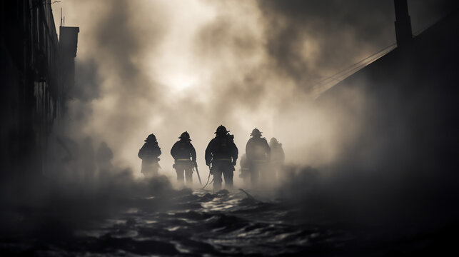 Three firefighters in silhouette, surrounded by smoke and debris from a fire. A dramatic and powerful image that captures the danger and heroism of their work, related to fire, emergency and rescue