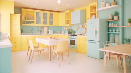 A Stylish Kitchen Room with a Fashionable Blend of Pastel, Multicolored and Bright Accents.
