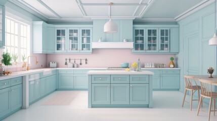 Fototapeta premium A Stylish Kitchen Room with a Fashionable Blend of Pastel, Multicolored and Bright Accents.