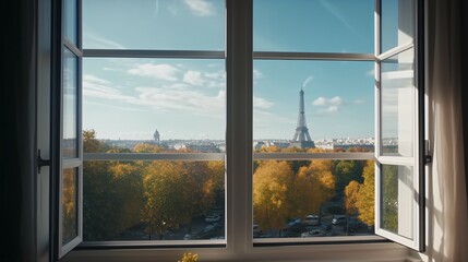 A Stunning Outdoor Landscape Viewed through a Sunlit Window and Offering a Glimpse of Paris and the Iconic Eiffel Tower, Beneath a Bright Sun and Blue Sky.