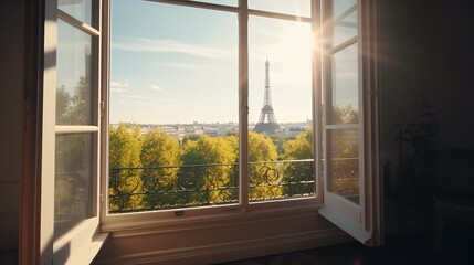 Fototapeta na wymiar A Stunning Outdoor Landscape Viewed through a Sunlit Window and Offering a Glimpse of Paris and the Iconic Eiffel Tower, Beneath a Bright Sun and Blue Sky.