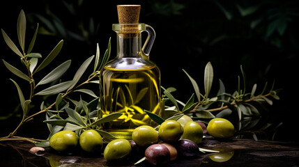 A still life of olive oil, olives and an olive branch on a wooden table, isolated on a black background. A simple and elegant image of Mediterranean cuisine and culture.