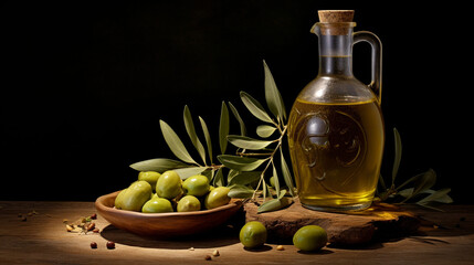 A transparent pitcher with olive oil, a ceramic plate with olives and a branch of the olive tree on a rustic wooden table, representing the healthy Mediterranean cuisine.
