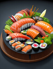 Sushi platter, fresh seafood, colorful presentation, Japanese cuisine, realistic, 1080p --ar 4:3
