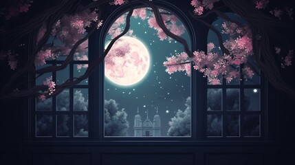 A Fairy's Night View from the Window and Illuminated by the Moon, Featuring a Magical Tree with Flowers and Leaves A Truly Enchanting Background.