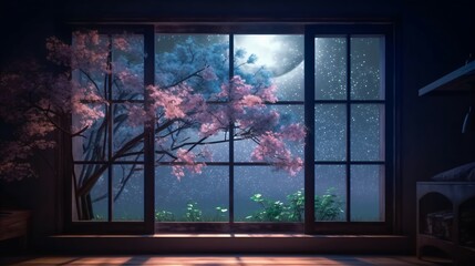 A Fairy's Night View from the Window and Illuminated by the Moon, Featuring a Magical Tree with Flowers and Leaves A Truly Enchanting Background.
