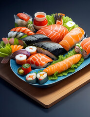 Sushi platter, fresh seafood, colorful presentation, Japanese cuisine, realistic, 1080p --ar 4:3
