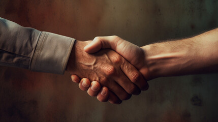 The arm of a young man and an adult man shaking hands, up close. Represents generational change, peace, agreement, and harmony between people of different ages.