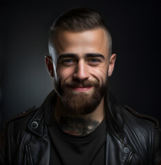 Obraz premium In this captivating portrait, a rugged and tattooed man with a neck tattoo exudes an edgy and confident charisma, showcasing his unique blend of strength and individuality.