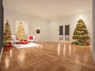 Christmas room, Christmas tree with gifts and decorations