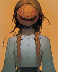 Illustration of scary pumpkin head girl
