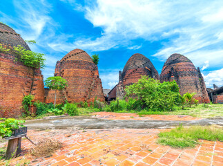 Mang Thit brick kiln in Vinh Long. Burnt clay bricks used in traditional construction of...