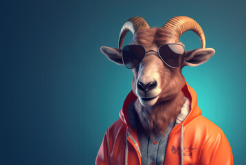 Image of portrait of a bighorn sheep hip hop outfit costume with modern glasses, Fashion. Illustration, Generative AI. - obrazy, fototapety, plakaty